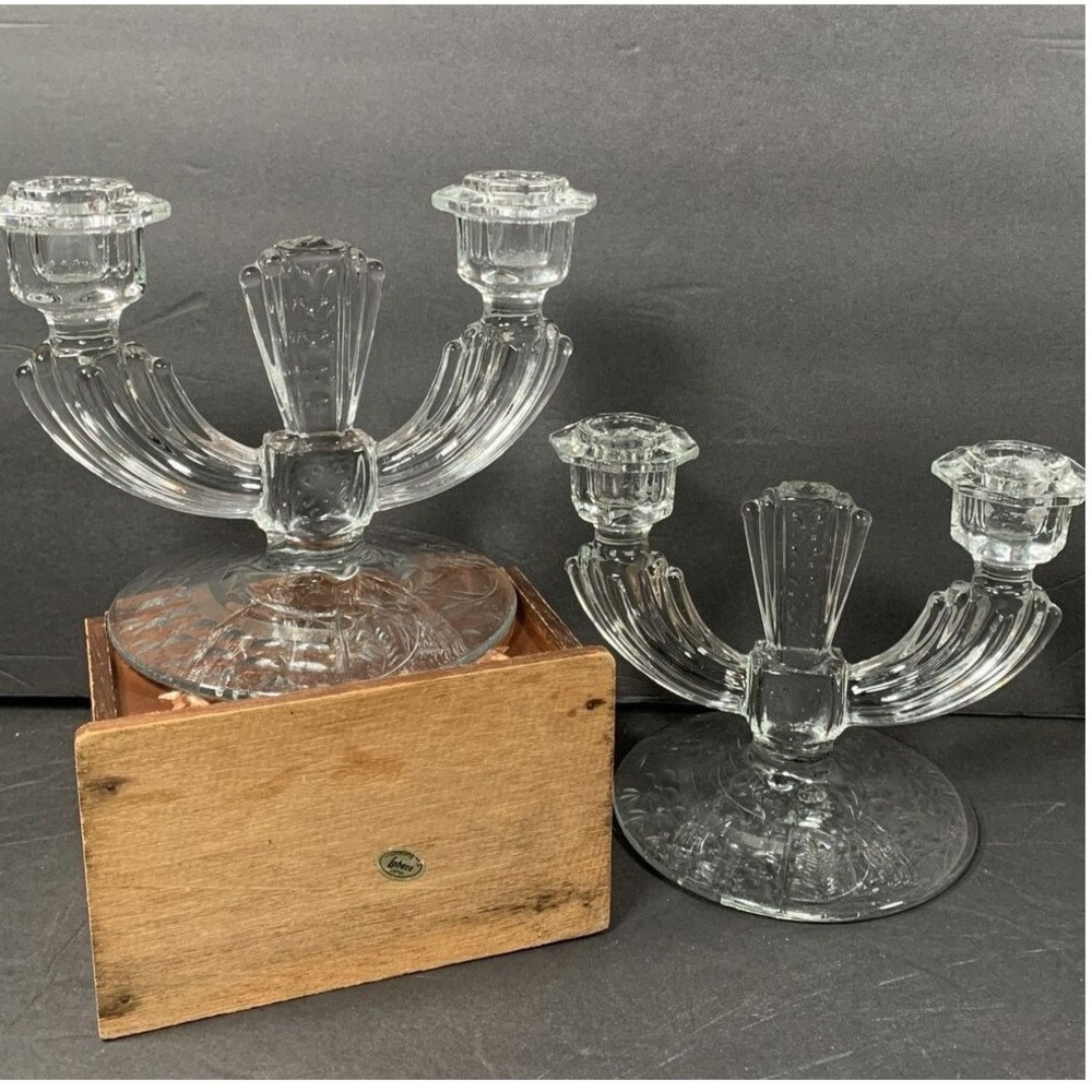 Tiffin Franciscan Crystal Glass 2-Arm Candle Holders Etched Floral 30s-50s Set/2